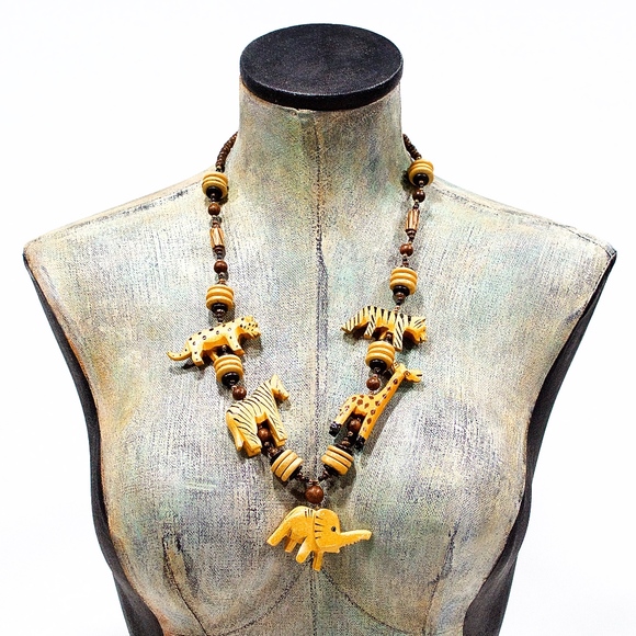 VTG 80's Safari Wood Animal Necklace - Picture 1 of 4